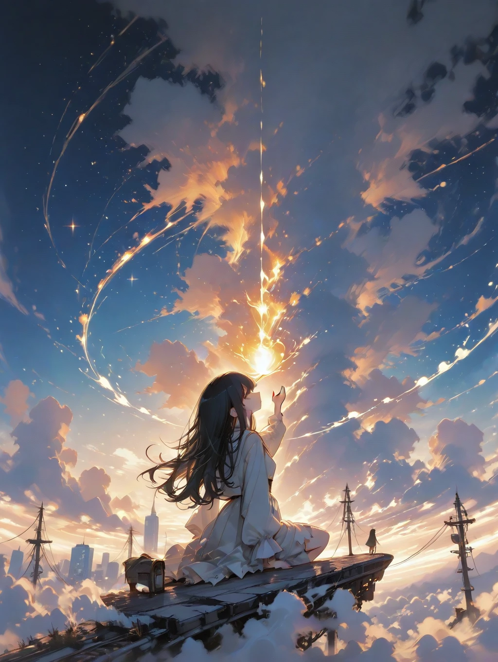 tmasterpiece！Best Picture Quality！cinematic Film still from！Cloud girl floating in the sky，Close-up Shot Shot，Bright and happy，Enjoy the warm soft lighting，Depict the beauty of the sunset，And the embellishment of sparks（spark of light:0.7）。