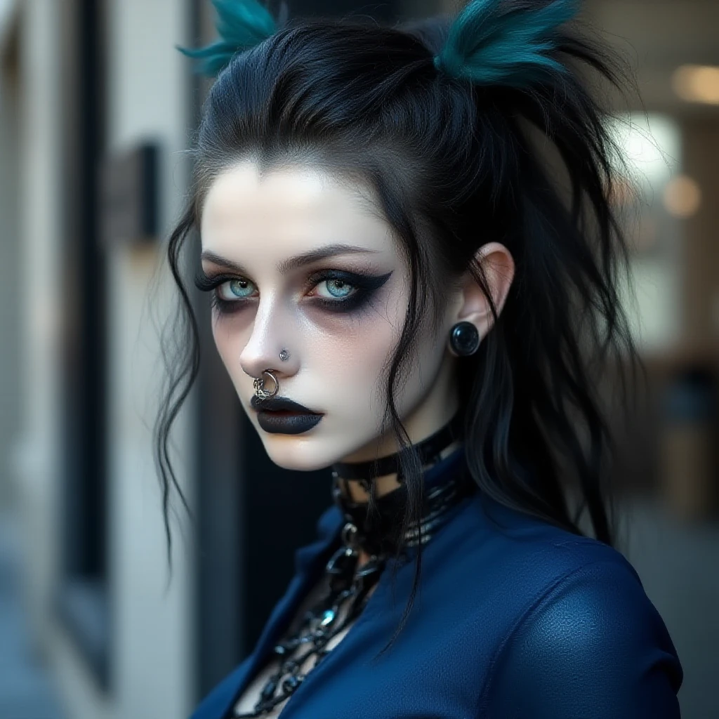 a traditional goth girl with blue eyes, white face makeup and very big eyeliner
