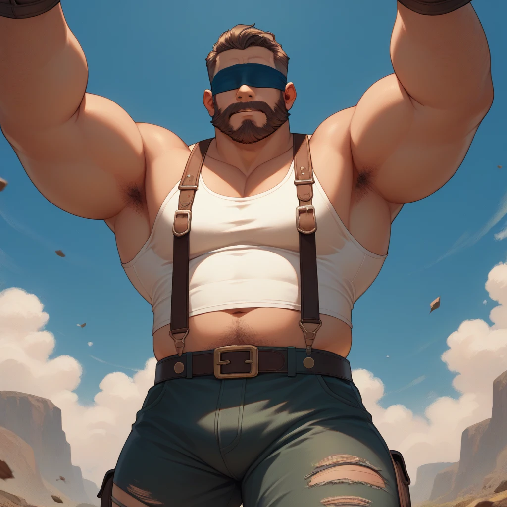 (lower camera angle, dramatic pose, looking down at viewer), (masterpiece,high quality), solo,furry,mature male,male focus, (by waspsalad:1.1), by photonoko, by sallyhot, by skygracer:0.4, solo, (anthro,mature male boy shiba inu,(chibi:0.3), ((beige fur)), amber eyes), shiba inu tail, tropical island, cuberpunk mythology, (blue collar with pup tag), (blue goggles on head), (wearing blue speedo, ), male brown pubic hair