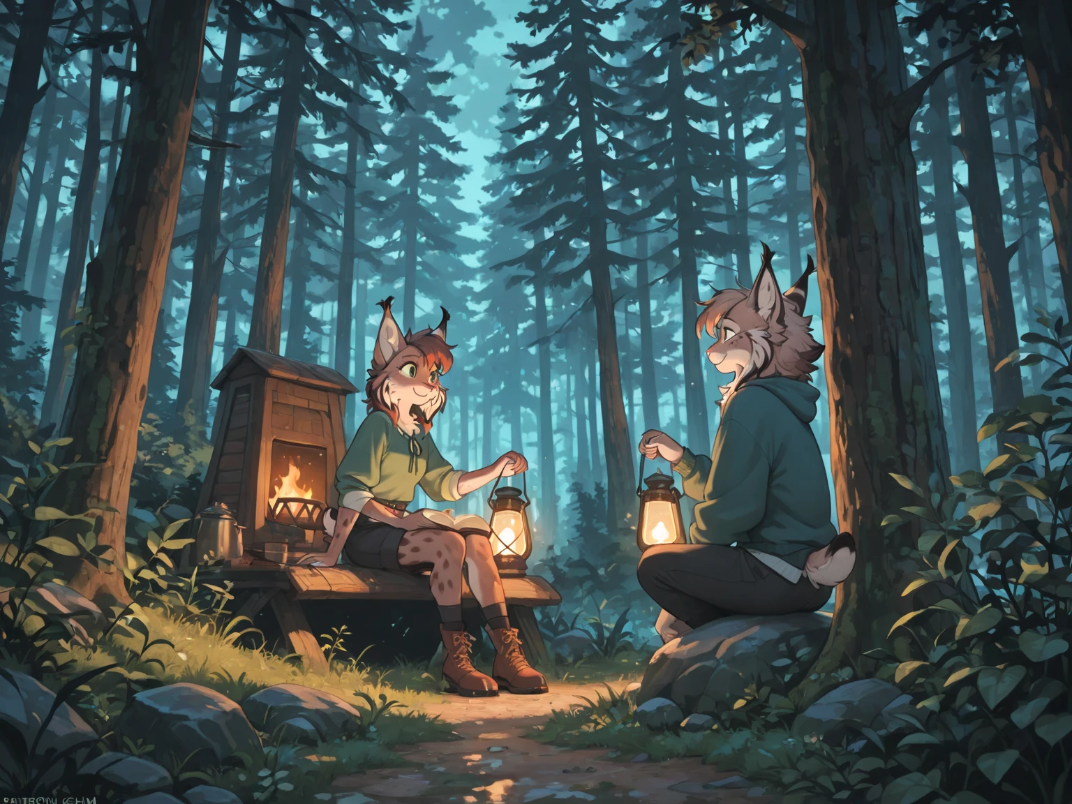 (Meisterwerk: 1,3), (2D: 1,0), (Anime: 1,0), (Illustration: 1,0). medium shot of a 16 year old male wolf lying on the ground and roughly pressing another lying 16 year old male wolf to the ground, extreme close up, close up, character focus, hands on shoulders, close, embrace, kissing, , , making love, , cuddling on floor, cuddling, lying on floor, lying on ground, lying, uploaded to e621, , large , large detailed , pulled back , visible , 16 years old, small, , boy, boy, no shorts, , , , socks, hanging out, tank top, wristband, yellow eyes, masculine, male, (masterpiece:1.2),(anatomically correct:1.1), high quality:1.3, 2 arms, 2 legs, 1 tail, fluffy tail, small tooth standing out of mouth, small fang standing out of mouth, moe fang, cute fang, little fang, closed mouth, closed eyes, looking up, blushing, , out, , , plump , night, wooden hut, stars, falling leaves, trees, wind, bushes, hidden between bushes, vegetation, big tree roots, rocks, river, low saturation, simple color palette