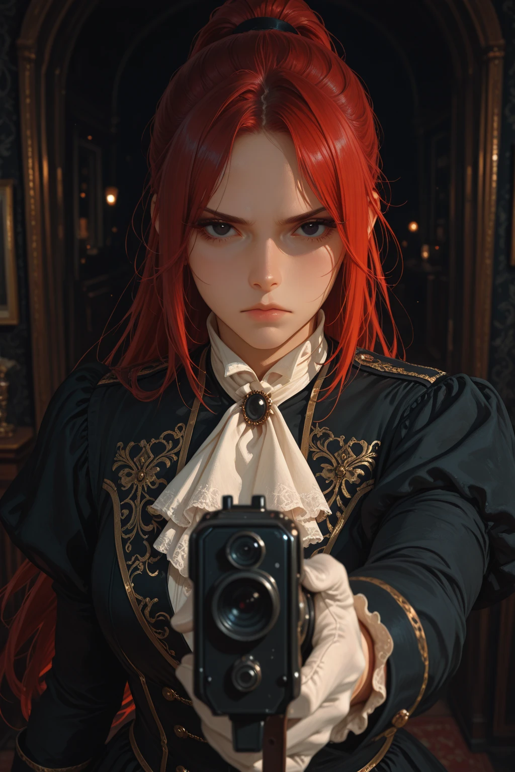 red haired girl,holding black ,looking at camera,breasts showing,photorealistic,4k,high quality,professional,detailed face,intense expression,dramatic pose,intricate details,complex background,vivid colors,cinematic lighting,digital art,concept art,dark fantasy