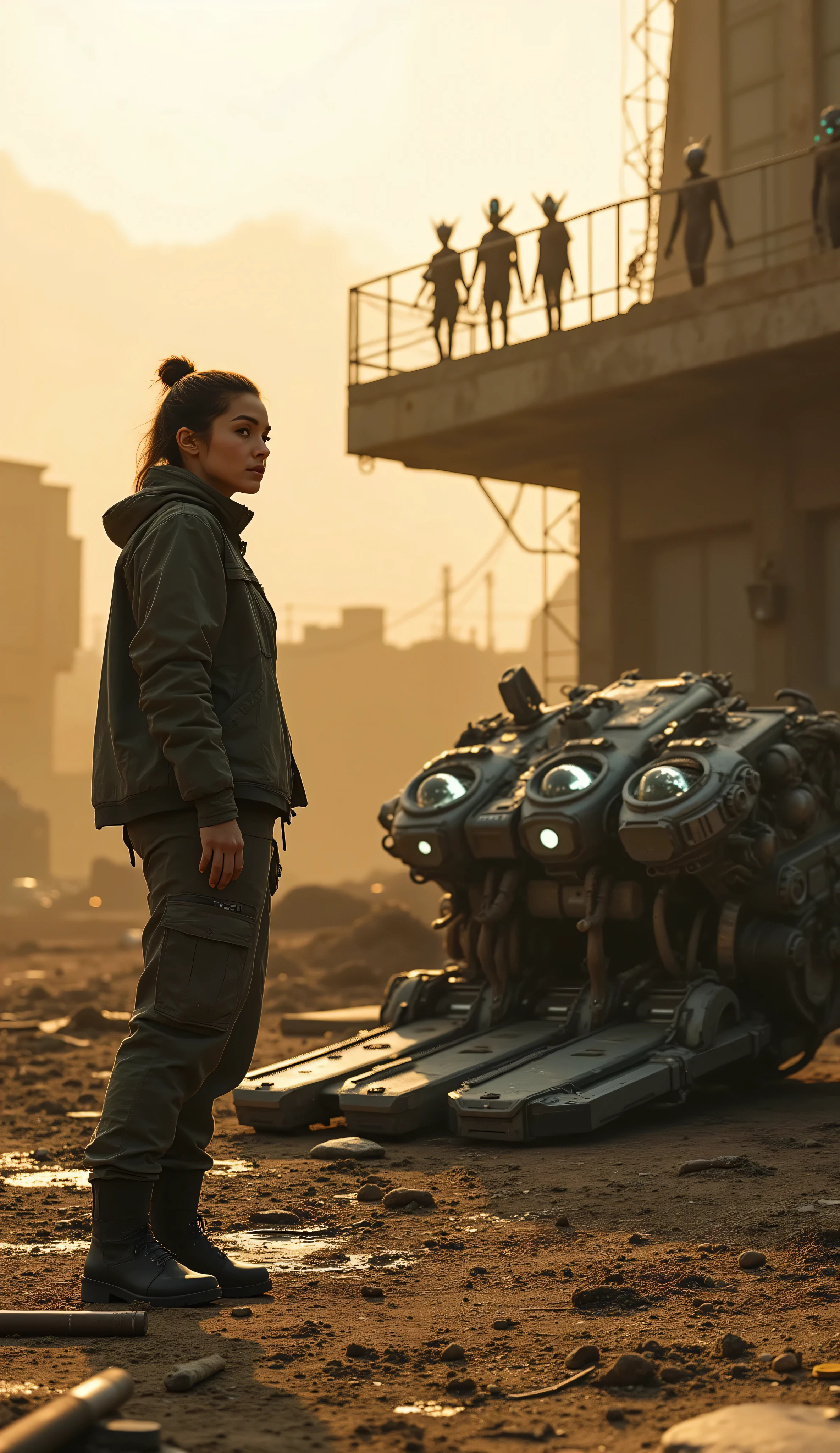 4D realistic image of a Girl like robot squat in a desolate clif, post-apocalyptic setting. The robot appears weathered and abandoned, with  wires and a tattered cloak draped over its body. a human like head with pretty girl face and seems to be in a state of disrepair. In the background, there are Devastated city on the valley that contribute to the atmosphere of decay and desolation. The setting is overcast, with a muted color palette, cross lighting