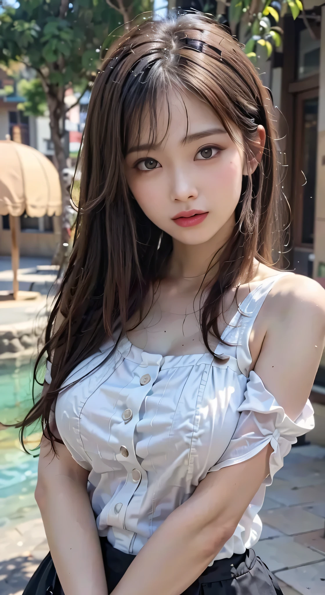 (Masterpiece, BestQuality:1.3), (ultra detailed:1.2), (hyperrealistic:1.3), (RAW photo:1.2),High detail RAW color photo, professional photograph, (Photorealistic:1.4), (realistic:1.4), ,professional lighting, (japanese), beautiful face, (realistic face), cute woman, (Big Tits:1.5), (cheerful Smile:1.35), Trending Hair&Trending Hairカラーをランダムに, earrings, necklace, bracelet, sexly,  sexly, Random sexy gravure poses, (A beautiful brown-haired woman wearing a white sleeveless dress、She is smiling and posing sexy while strolling through the old town.。: 1.3)