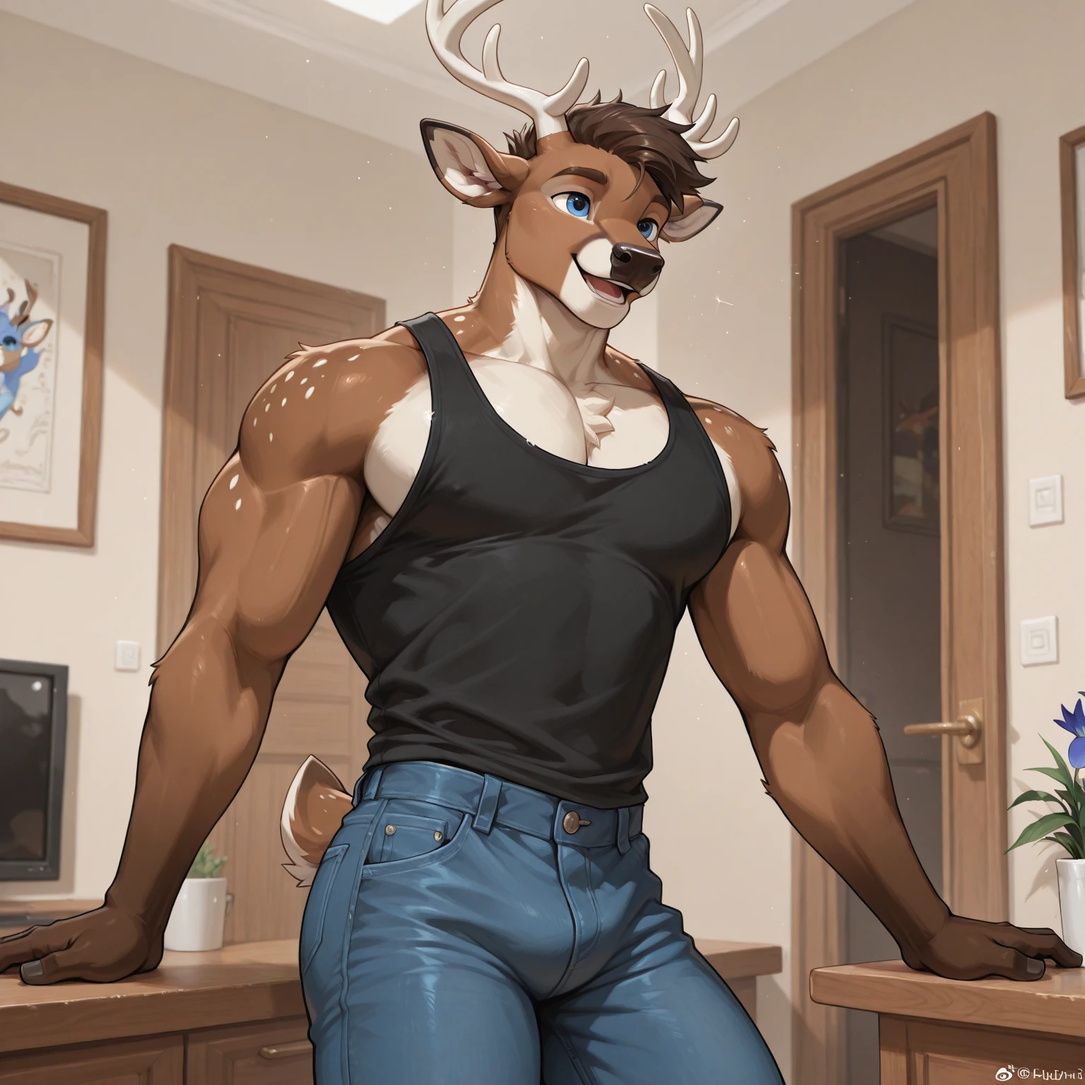 Deer, adult, male, deep blue eyes, Hyper detailed, 4K, HD, Masterpiece, SFW, Wearing nothing, Zackary, Chunie, Perfect , Detailed fur, 