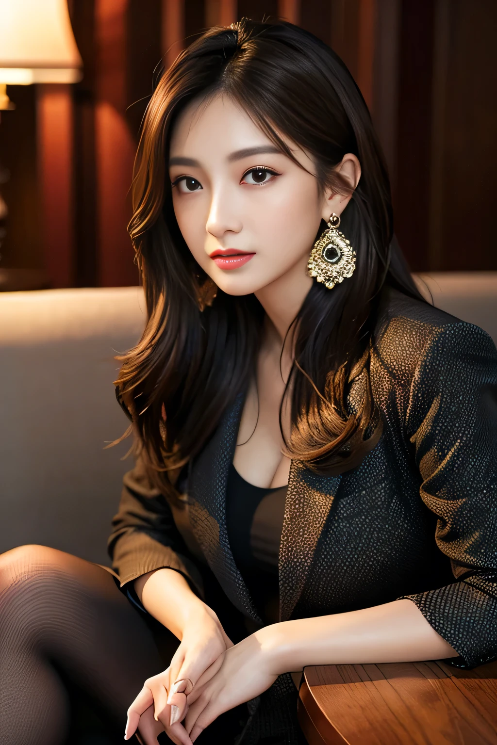 highest quality, masterpiece, 8K, ultra high resolution, (realistic: 1.4), 1 girl, beautiful face, symmetrical eyes, big, perfect body proportions, ((long hair))、((brown hair)), secretary、(luxury business suits)、The viewer's gaze, (president'office、blurred background), Front view, Absolute area (1.3),friendly smile、seems kind、cowboy shot,((shy smile:1.3)),((gold necklace＿Large earrings:1.2)),((Bewitching beautiful mature elite secretary in luxurious silk blouse:1.3),((Hair with loose waves inside:1.2)),((Super long brown hair:1.2))((sitting on a chair, night view terrace background:1.3)),((From an oblique angle above:1.5)),