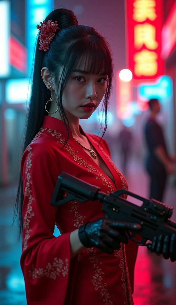 Cyberpunk,(A big gun that looks like a toy in both hands),(show your forehead),(forehead is ),((((((An insanely big gun in both hands)))))),Forehead,(Hair perfectly divided into 2 parts),1 girl, pure white skin,black hair twin tail, An impossibly big gun,red china clothes,A qipao with a velvety texture ,Night in the downtown area,red eyes
Hold up your gun,dynamic posing,tribal tattoo