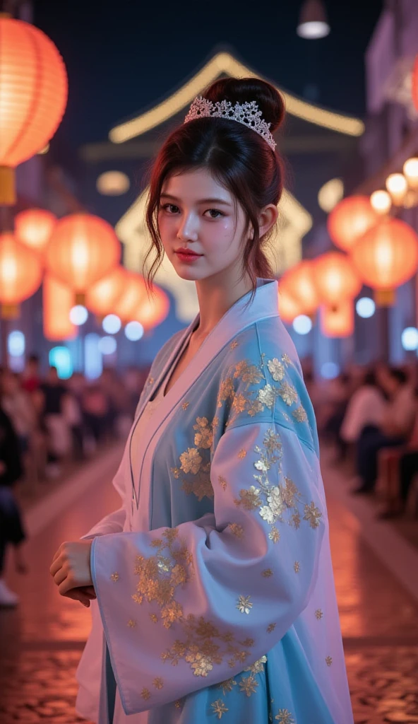 (((best quality))),(((ultra detailed))),(((masterpiece))),illustration,1girl,bun hair, gauze hanbok,slim,flat ,laughing, summer night,Korean city scape, street, neon signs, beautiful, vibrant, detailed  features,medium hair, elegance, cultural atmosphere, bustling city, colorful advertisements, reflections, lively atmosphere, street food aroma