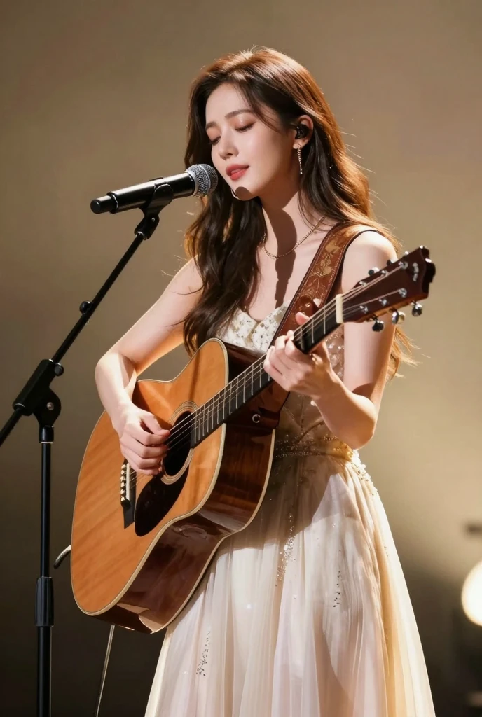 ((best quality)), photorealistic, photorealism, Photorealistic, high resolution, ((Wearing sexy  night gown, headband))、smile、A superb beauty、Super cute、adorable、ennui、Rare beauty、Very Short hair、Black Dark Eyeshadow、Sad、white skin、pale skin, Very short hair layered、Dark Gothic Makeup、Cute Smile、Fragrant beauty、Garden background、Mastepiece、Best Quality、Refers to 5 books、Sweat glistening on my chest、Sweat glistening on my face、Large breasts、orange hair、Age 20 years old、Mysterious look、A sad expression、orange Hair、Glamorous concert stage、enchanting castle、Sweating profusely all over the body、A lot of sweat and light on the thighs、Shiny thighs、Plenty of sweat glistening on the thighs、A large amount of sweat glistens on my thighs、Sweating profusely、Gal、Large breasts、Beautiful face、Alluring expression、Sitting、Sitting playing guitar、Thick thighs、Playing guitar、I have a guitar、Sing a song enthusiastically、Playing guitar in a band、Rock band、Playing guitar chords、Live House Background、Sing a song、Open your mouth、Live house scenery、Glamorous live stage、Dynamic Angle、Cinematic lighting