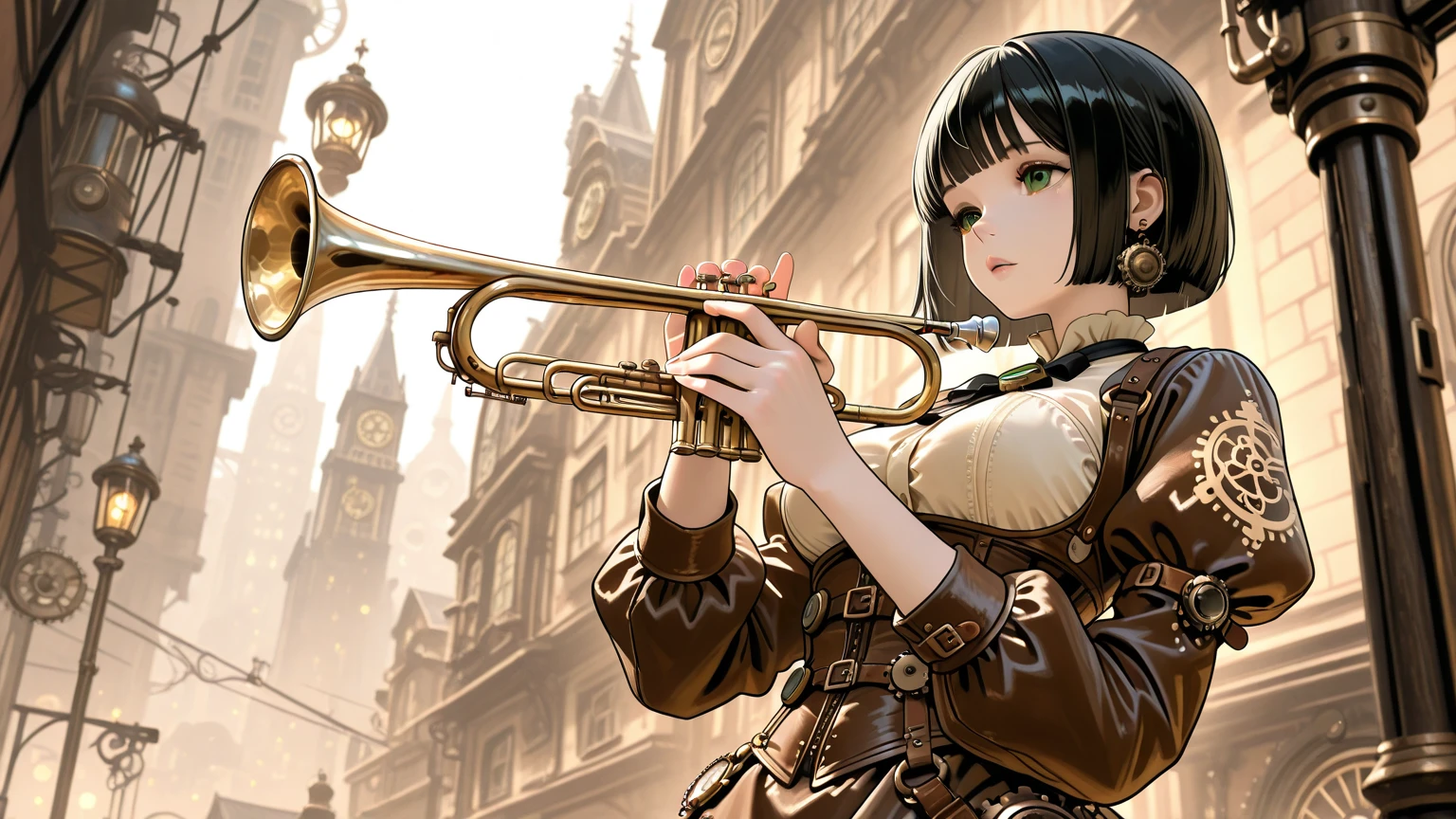 (voodoo doll playing knitted harp:1.2), (Voodoo Steampunk:1.3), (badass clothing: leather corset, aviator glasses, Gears and mechanical parts:1.0), (in the background steam engines, airships and Victorian buildings:1.2), best qualityer, work of art, detailed soft oil painting, detailed back ground, dramatic cinematic lighting, soft edge lighting, proffesional, dramatic lighting, hard edge lighting, ultra quality, 4K, work of art, best qualityer, 8K, ultra high definition, high resolution, extremely detaild, perfect details of the harp.