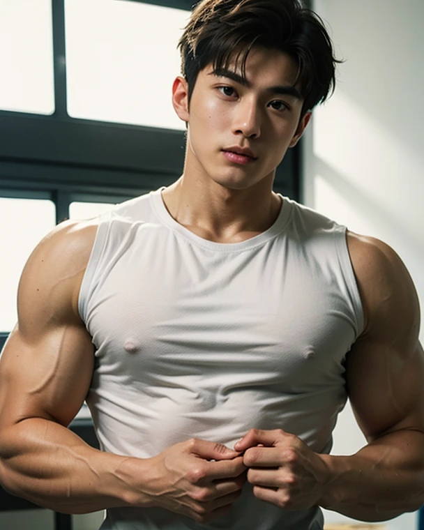 photorealistic，Tong，White good-looking ，Asian  abs rub moist muscleassive bulge