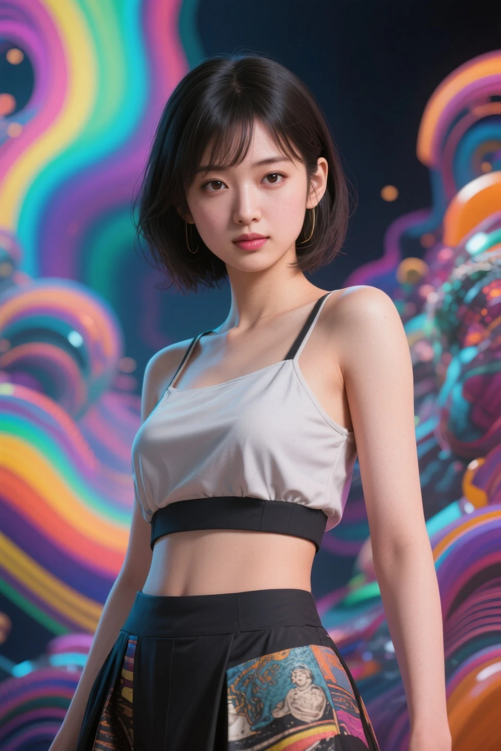 high quality，Perfect body：1.4，Close-up of a beautiful woman at work，Black bun，White sleeveless shirt tied at the bottom，Black long skirt，Showing a thin belly and belly button，Grab the handbag on your right shoulder with your right hand，Stand up straight, chest and abdomen tucked in，Body facing the audience，Waiting patiently alone in the golden elevator。