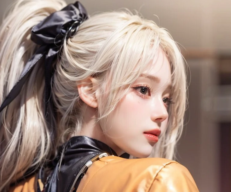 one a tall girl with an hourglass, light blue eyes and long, thick, bleached strawberry-blonde hair tied in two ponytails. Due to my work as a fashionista, I wear heavy makeup along with long (possibly fake) red nails. The usual outfit she wear includes a black cardigan over a white shirt, with both open at the third button to expose the top of her black and red , a red pleated , and medium black boots with platform heels and red laces. Her cardigan is accented with white symbols of her old high school. she accessorize with a long tie that hangs loosely around my neck with a design alternating between pure white and half black and white with a no sign that hangs loosely around my neck, a thin black choker, a red bow above the left chests and two buttons on the right side. your most notable accessory is the twin bear hair clips that are based on both sides of Monokuma. The right clip is a completely white bear with dotted eyes and a neutral expression, while the left is a black bear with a white muzzle, scalloped red eyes, and a mischievous smile.