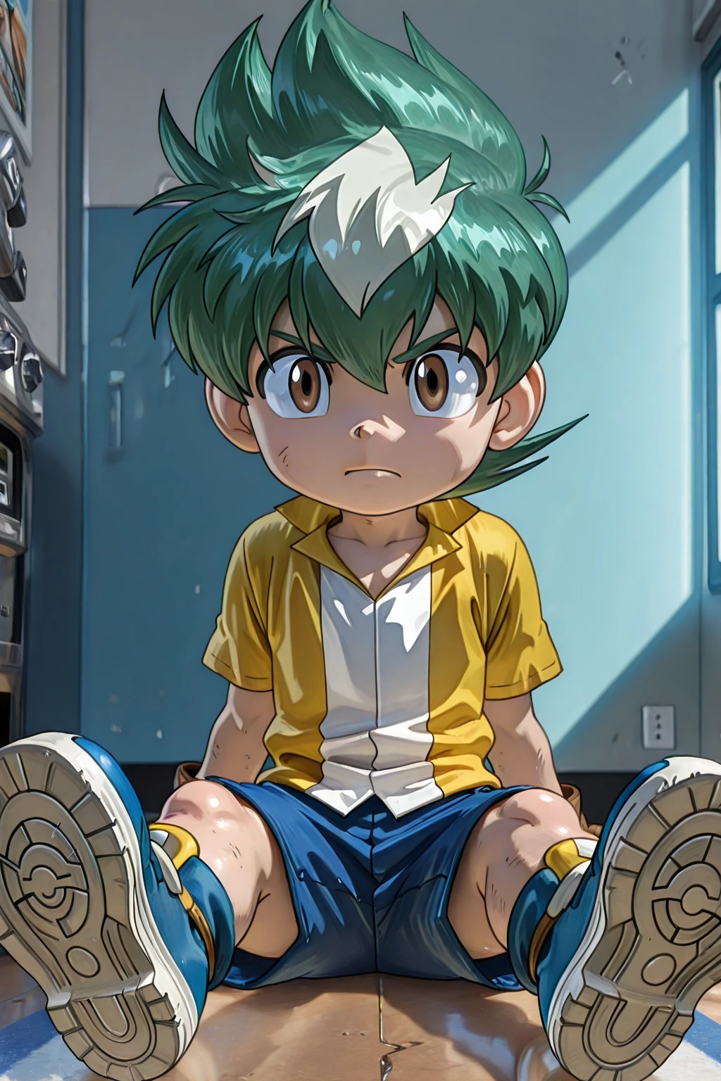 (masterpiece, best quality:1.2), solo, male focus, 1boy, midoriya izuku, short green hair, green eyes, white t-shirt, black shorts, domed helmet with visor covering eyes, mind control device, vacant expression, mouth hanging open, sitting in bean bag, anime style, my hero academia style