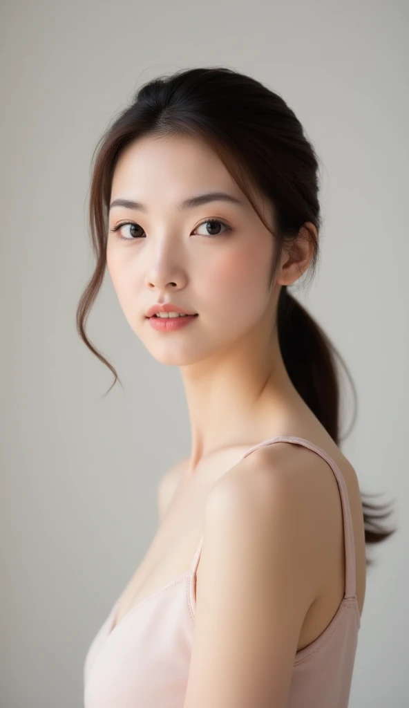 Create a (( mid-shot )) photorealistic image of a beautiful Asian woman with fair, smooth, flawless skin. She has large, round, sparkling eyes with naturally long and curled eyelashes, and well-defined, dark eyebrows. Her nose is straight and high, and her naturally pink, soft lips form a gentle smile. She has short, slightly curled brown hair that highlights her delicate  features. Her face is oval-shaped, with a wide and high forehead, moderately high cheekbones, and a pointed, slender chin. She is wearing a black  that complements her elegant and feminine appearance. (( waist to top))