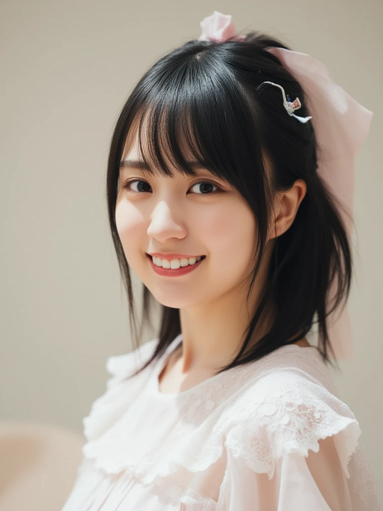 (Surrealism, RAW Photos, Nikon, 8K, Super detailed, masterpiece, Attention to detail, Intricate details, Super detaileded, Realistic lighting), 
(Anatomically correct, Highly accurate human body, Highly detailed face, Realistic Skin, realistic depiction of characters), 
(16 years old, Japanese younger sister, Japanese schoolgirl, Small waist and full body, Baby Face, Sister's Girl, Affectionate Cute, pretty girl, Surreal Girl), 
(Round face, Black Hair, Short Bob Cut,  bangs, Lowered eyebrows, Troubled eyebrows, Eyebrows are lowered, Watery eyes, Small earrings, A slight blush), 
(Fold your hands in front of your chest, Arms crossed:1.5), 
(Elegant smile, Cute smile), 
(Pink maid outfit, Frilled , Head ornament, Headrest, long sleeve ruffle shirt), Natural light, full length, whole body