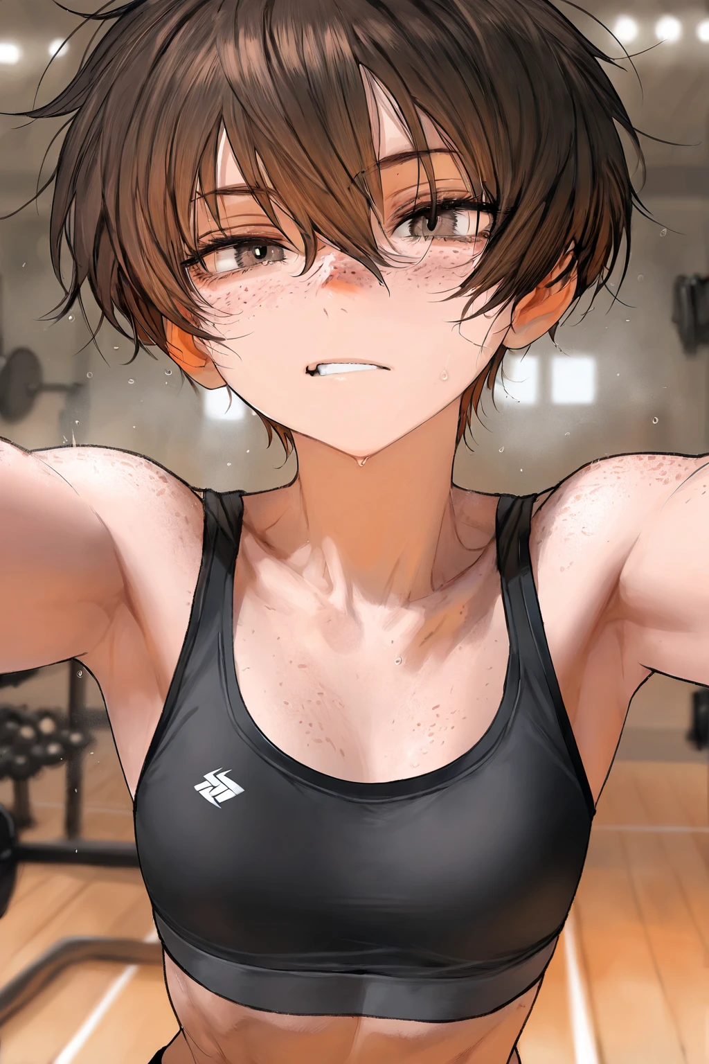 ,(highest quality:1.2),(perfect beautiful face:1.2),(perfect and beautiful posture:1.2),(cowboy shot,Solo,Japanese mature man),(short cut hair,flat chest:1.2), ((confused,embarrassed and blush:1.3)), shyness:1.1, (Sweaty, sunburned skin:1.3), ((sweaty wet sexy Pink sports  and side tied )),(puffy :0.3),navel out,smile, looking at viewer, seductively posing, ( bedroom:1.2),wide hips, steaming body, (covering eyes:1.4), (hand over eyes), arms up,show teeth