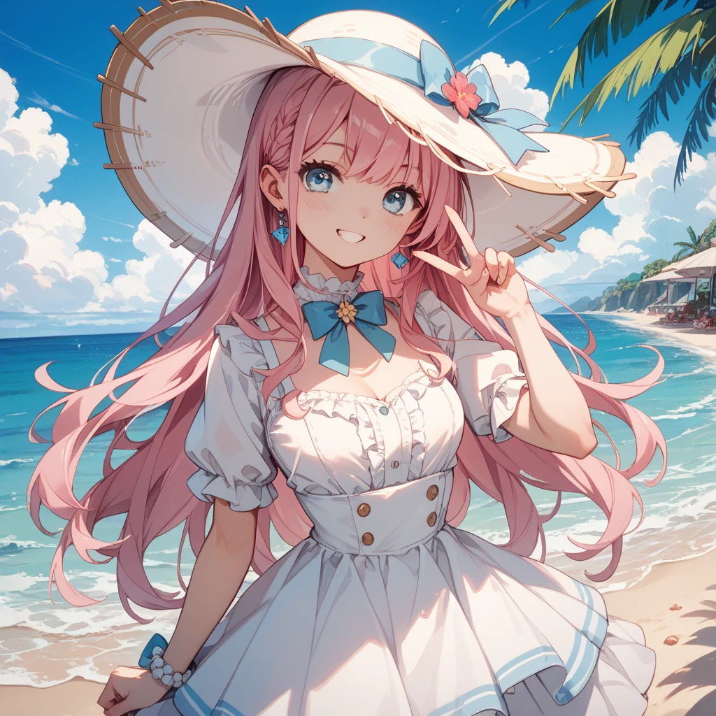 (1 demon girl), masterpieces, 8k, ultra HD, prim, white summer dress, straw hat with flowers, walking on beach, hand, demon girl, demon horns, multi colored hair, (blushing: 1.5), open mouth,  finger, heart eyes, beautiful beach, front lighting, daytime