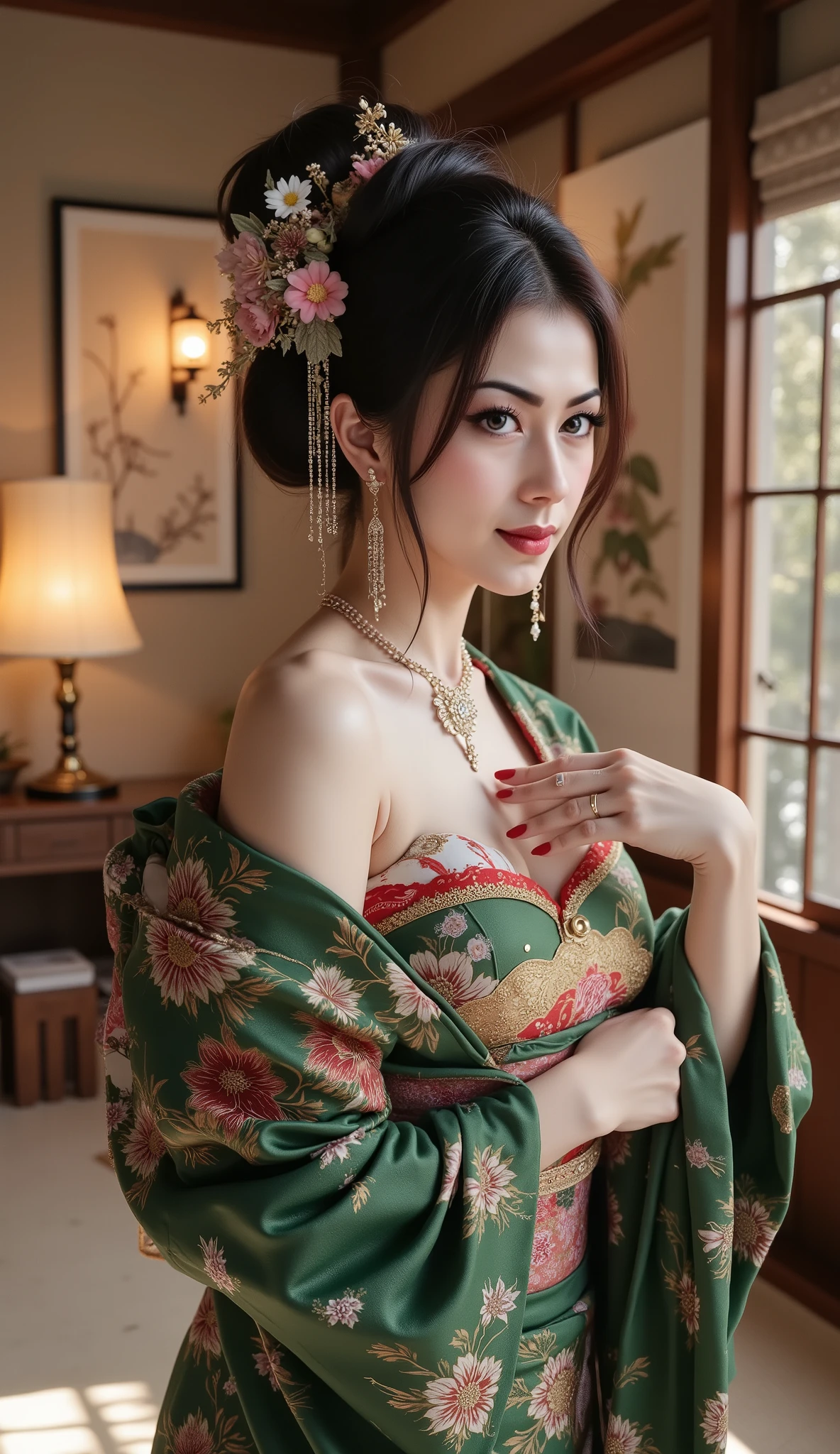 , One girl, alone, View your viewers, Black Hair, Holding, Brown eyes, Upper Body, suit, Hair Bun, lips, sash, heart, Floral print, Hand fan, Backlight, Realistic, Holding fan,uhd