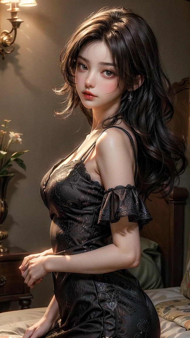 24-year-old woman、Sexy proportions、Sexy、Sleeveless floral lace switching high waist ribbon zip design tight mini dress