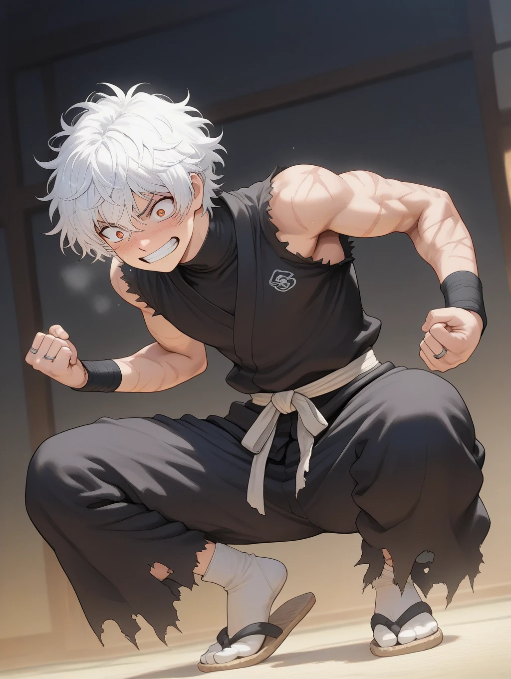Ultra sharp, Highres, Masterpiece, Best quality at best,Best Quality,hight quality, hight detailed, 1boy, Silver hair, , Transparant shirt, Dark skin, Sweat, Slim body, Upper body, Depth of field, Anime Screencap Style, Seen from front, (Showing armpit:1.3), (very small and short stature), (very young boy), 12-year-old boys, Blurry beckground