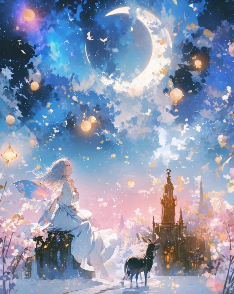 (panorama, center, masterpiece, highest quality: 1.2), (8K、Raw photo、highest quality、look up:1.2、masterpiece:1.2、genuineistic、ultra high resolution、high contrast、photon mapping、genuine、Super detailed、official art, Raw photo、professional lighting、 light、Vivid atmosphere、twicelight) , (1 girl), （One white kitten）, 　Between Heaven and Earth、star々is made、A girl and a kitten are watching a spectacular story。An atmosphere that exudes the excitement of adventure。An atmosphere that makes you feel happy and joyful。High Fantasy Worldview,　Beautiful depiction of grand composition and proportions, A guardian star cloud of iridescent light and silvery steam, Corrosive Encirclement Ray Family Color, slimy air feeling, The world shines with kindness and joy., A spectacular tale,