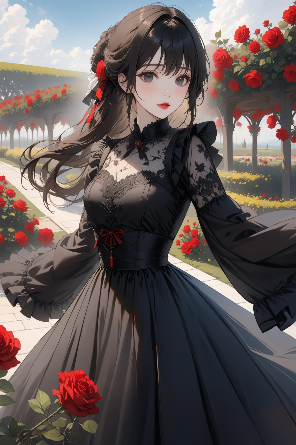 Explore the depths of darkness and passion with this striking digital artwork featuring a  woman adorned in a black dress, her ruby red lips a stark contrast against the bold red and black splatters that surround her.