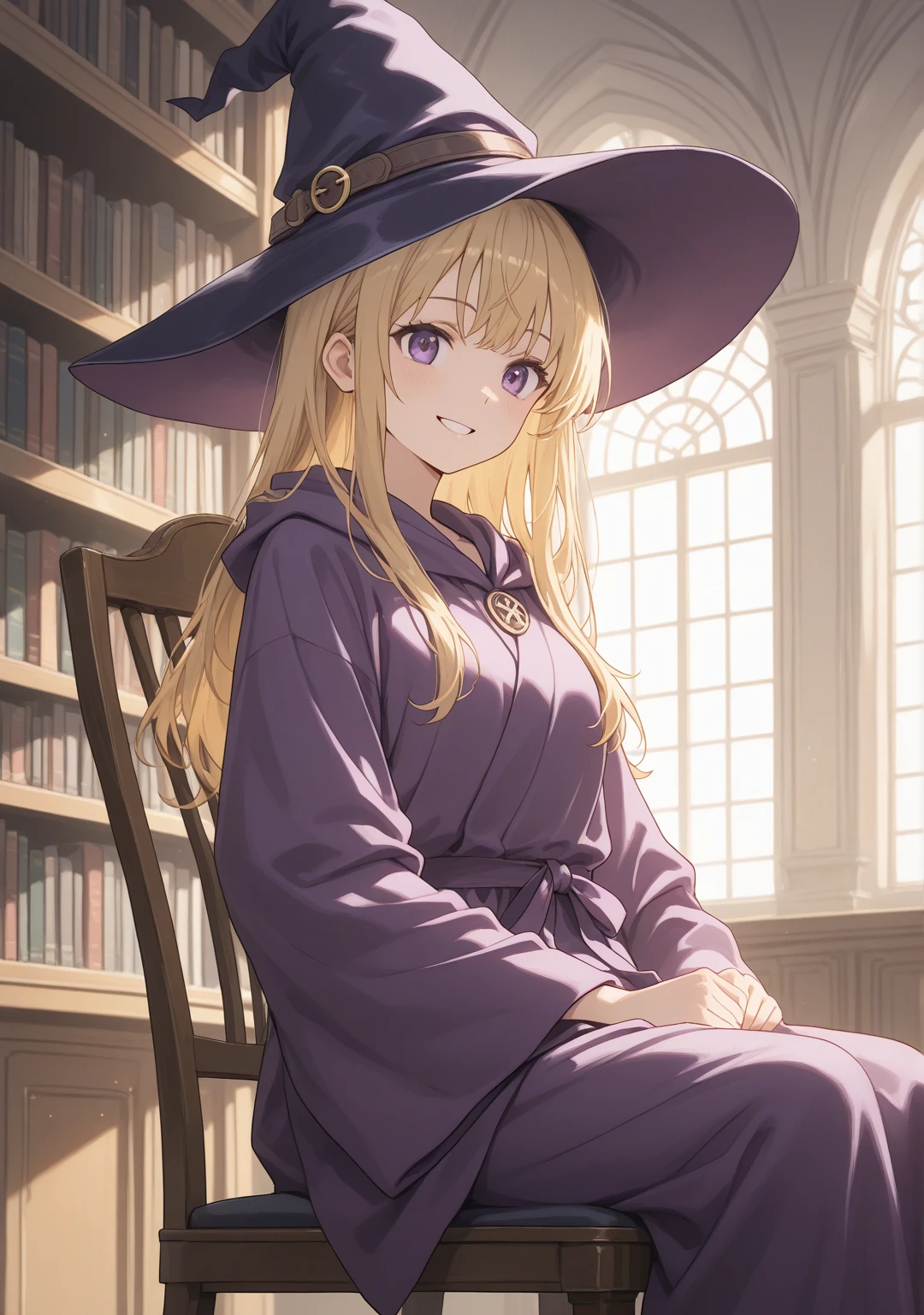 Teenage anime girl, Shiina Mashiro, Mashiro, Sakurasou anime, long blonde hair, orange eyes, expressionless, , witch outfit, magic book, Wooden room, Pictures, posters