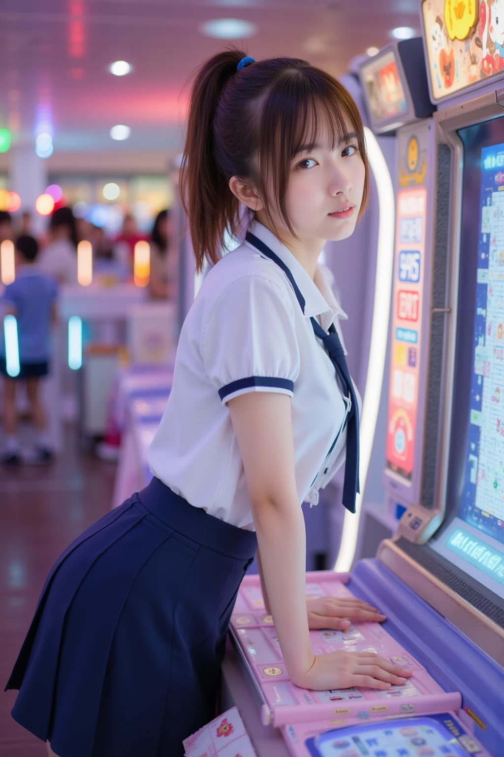 japanese women、20-year-old、faded blonde hair、ponytail、Fluttering breasts、(Short sleeve blouse、Navy striped quilted vest、Tartan check tie)、(Navy blue super short pleated skirt)、medium milk, Cute surprised face、((Pose that emphasizes the buttocks、looked back))、sexy hips、white sneakers、((((the wind blew my skirt, expose my ...))))、( with bear illustration)、、(tilt your head a little)、(High resolution, Bright colors, super detailed), high tech arcade game room, futuristic game console, intricate details, Athletes eager to play, realistic lighting, LED lights reflecting onto players and machines, Bright colors create a futuristic atmosphere, An innovative perspective from the machine screen, Against the backdrop of a futuristic city