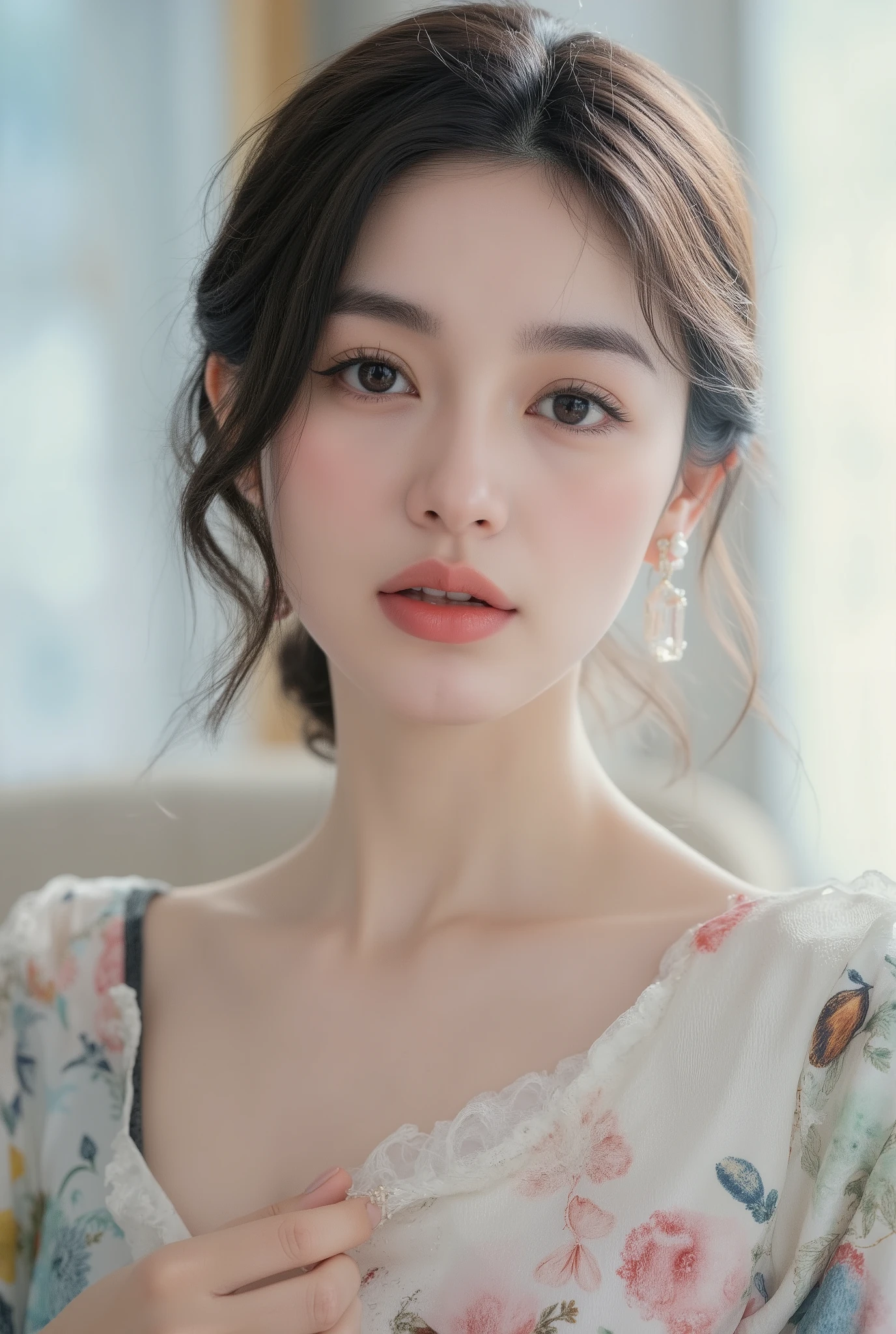 Create a photorealistic image of a beautiful Asian woman with fair, smooth, flawless skin. She has large, round, sparkling eyes with naturally long and curled eyelashes, and well-defined, dark eyebrows. Her nose is straight and high, and her naturally pink, soft lips form a gentle smile. She has short, slightly curled brown hair that highlights her delicate facial features. Her face is oval-shaped, with a wide and high forehead, moderately high cheekbones, and a pointed, slender chin. She is wearing a soft pink sweater relaxed neckline that casually drapes off one shoulder, exposing slender shoulders with ((black trap)), highlighted by the rays of light creating a radiant effect on her skin. The overall atmosphere is serene and intimate, capturing a peaceful moment of solitude and the beauty of the light, mid-shot , light rays warm atmosphere