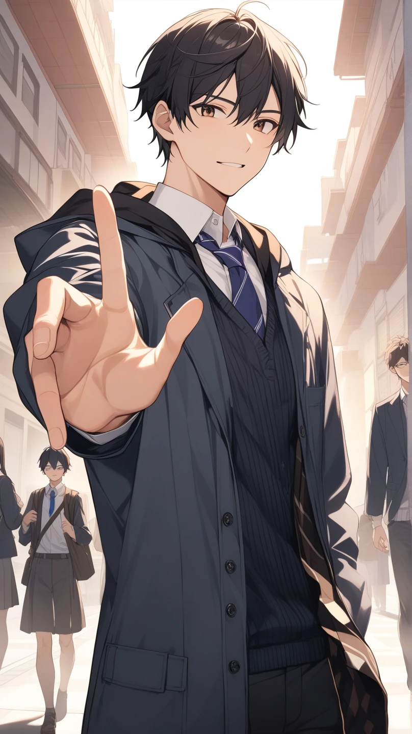 1 boy,25 years old,(Adult),hands up,(open hand:1.5),(frightened:1.5),Stiff smile,business suit,belt,(bulge in :1.8),class room,cowboy shot,better hand,(detailed eyes)