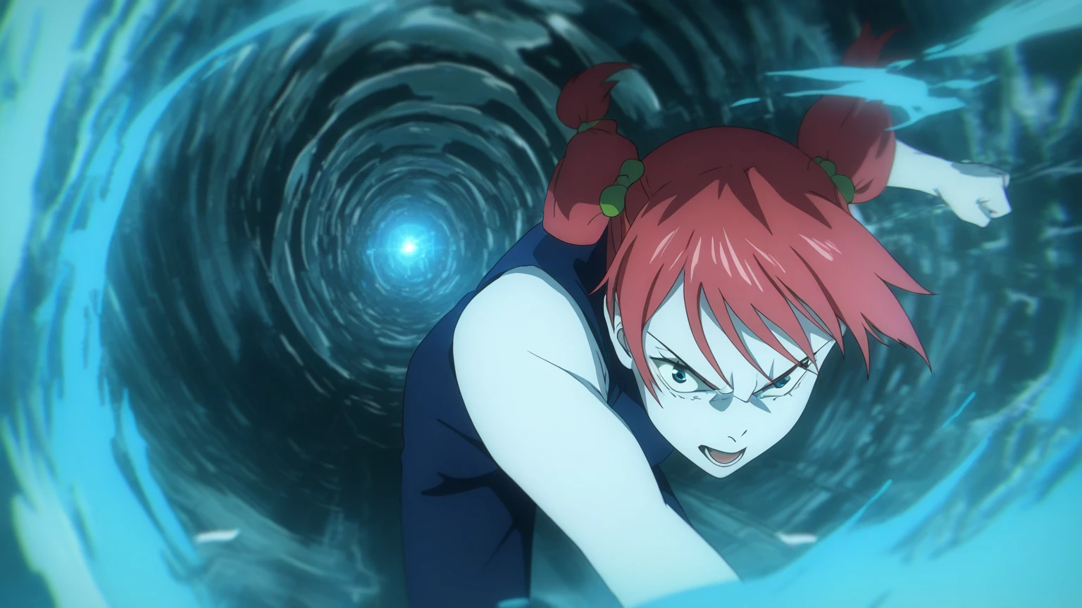anime style, woman with red eyes, drunk, behind her several blue and red medicine capsules floating, dark image