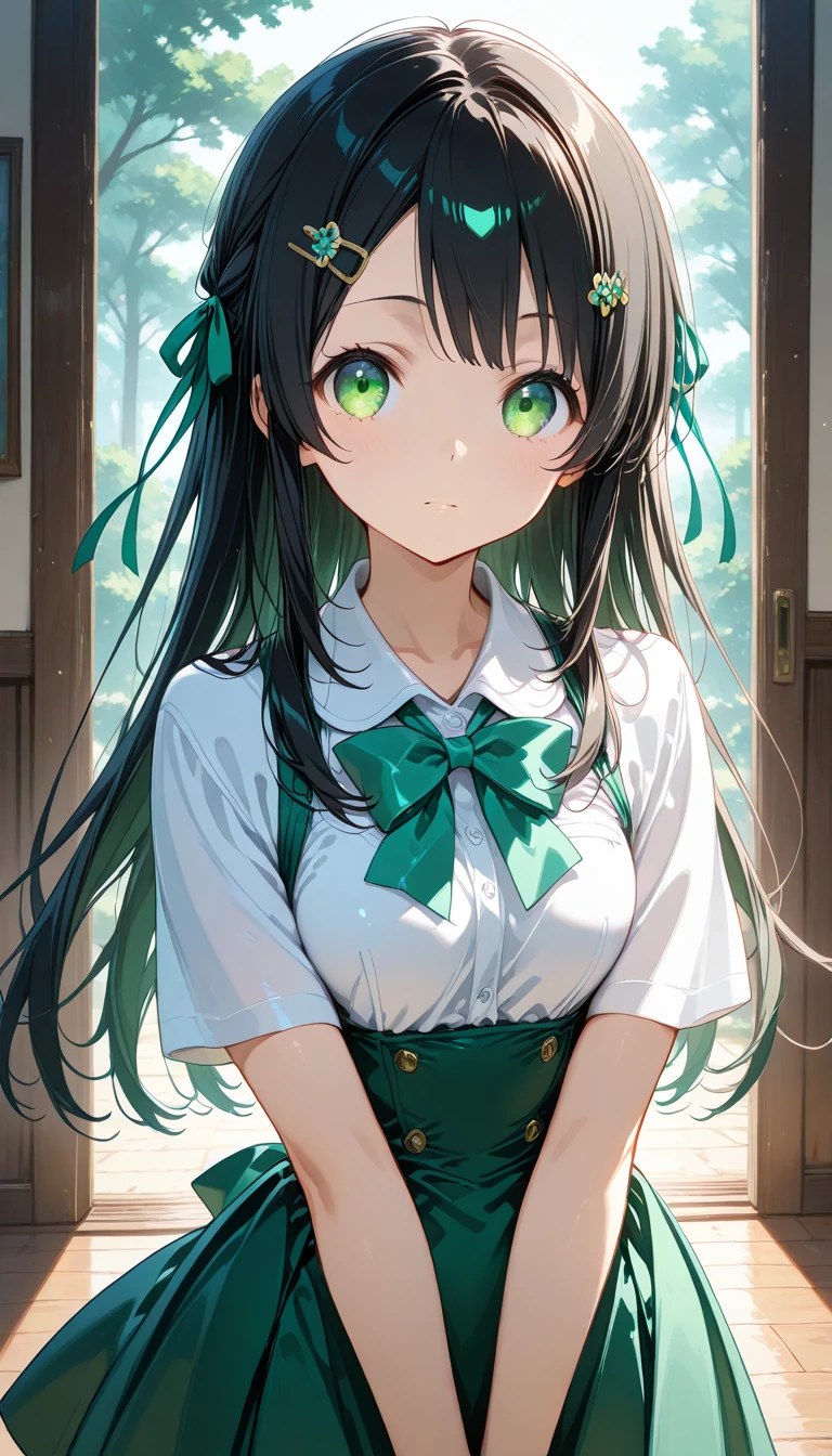 1 girl、cowboy shot、Are standing、blunt bangs、long hair、twin tails、green hair、dress、frills、indoor、Book棚、Book、scroll、blurred background