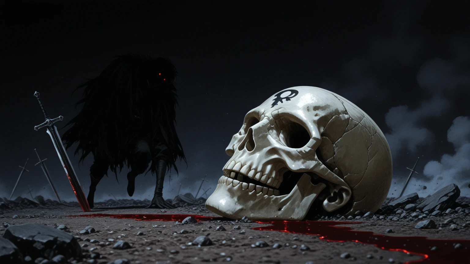 front view anime, red hell fantasy, a bitten off human death head covered in blood weighs on the intestines , suspended from the bottom, without a body