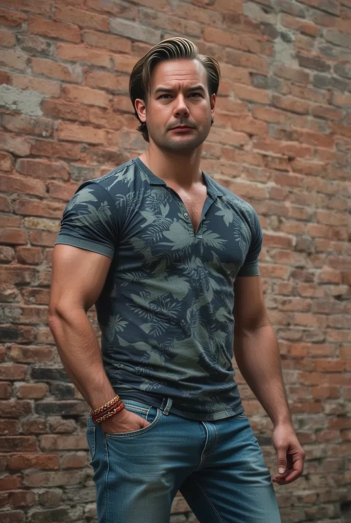Man in a Black and Green patterned shirt and jeans standing in front of ...