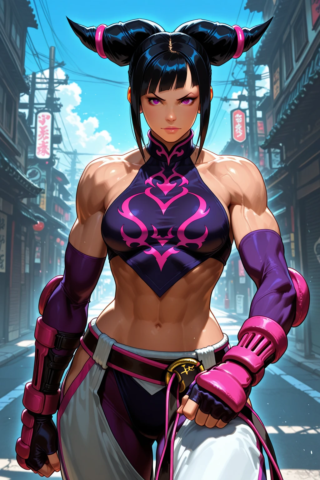 1 girl, ((muscular)), spiky ponytail, toned body, black hair, red eyes, (mask),  , long hair, , big 