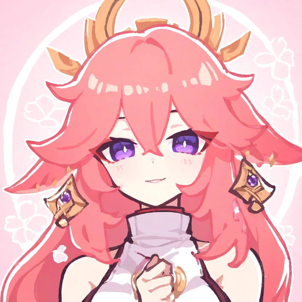 "IMVU, pink hair, pink heart eyes, white round glasses, pale skin, white and pink cow ears, white horns with pink bows, fuzzy white jacket with pink spots, pink cowbell choker, kawaii, soft, high quality, masterpiece, 8k, large , showing