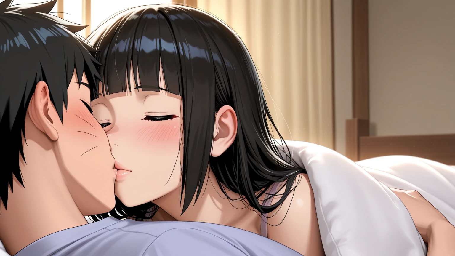 (()) ((shaved )) (()) (( placer))  A, black eyes, black hair, milking with one hand, Soft, translucent white skin, bright white skin, translucent white skin, bright white skin, (sentarse en la cama), pink , (())