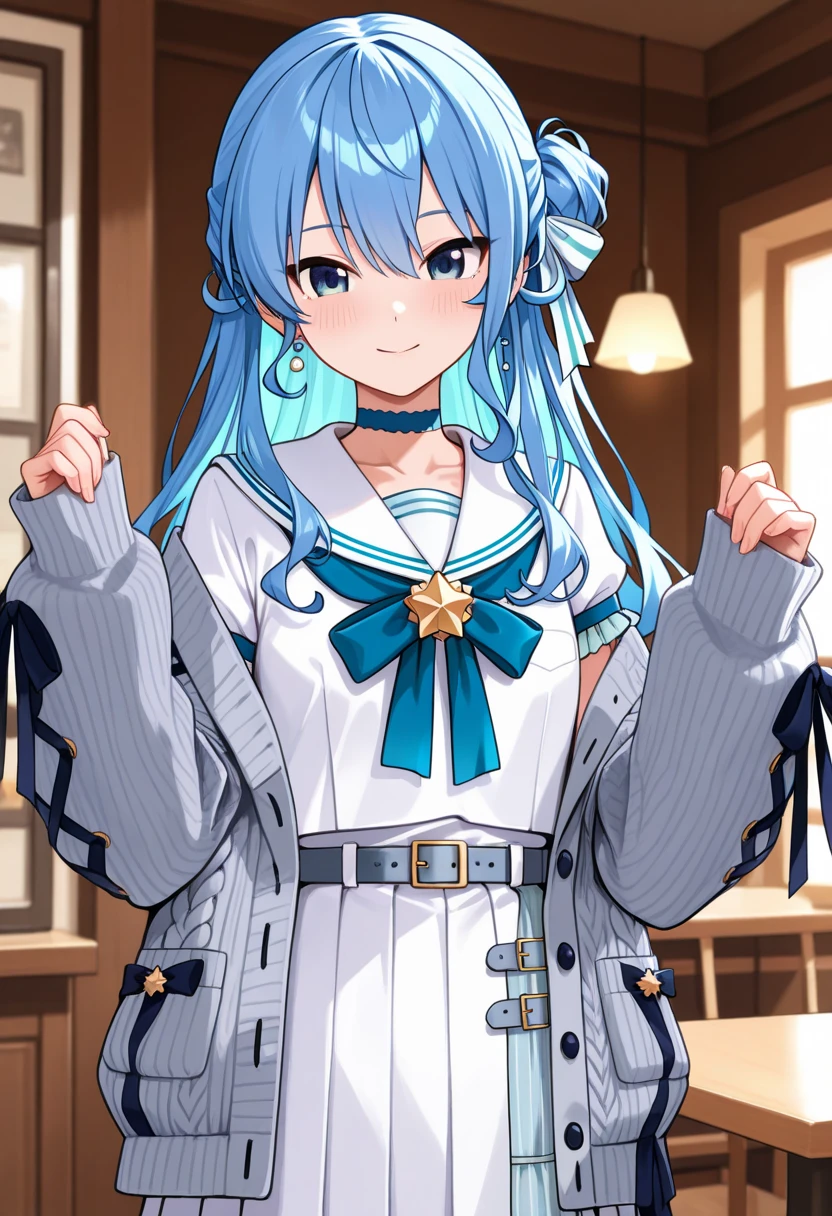 Yuriko Nanao (Million Live), (Top Quality, 8K, Masterpiece, Super Detail: 1.2), Cinematic Angle, Wide Shot, 1 Girl, Solo, Skirt, Watch Audience, Sailor Color, Pleated Skirt, Short Sleeves, School Uniform, Blush, Seravuk, Clavicle, Ribbon, Upper Body, Adjusted Hair, Wind, Floating Hair,Fighting Stance.DespairFace.Night.Clenching Fists.