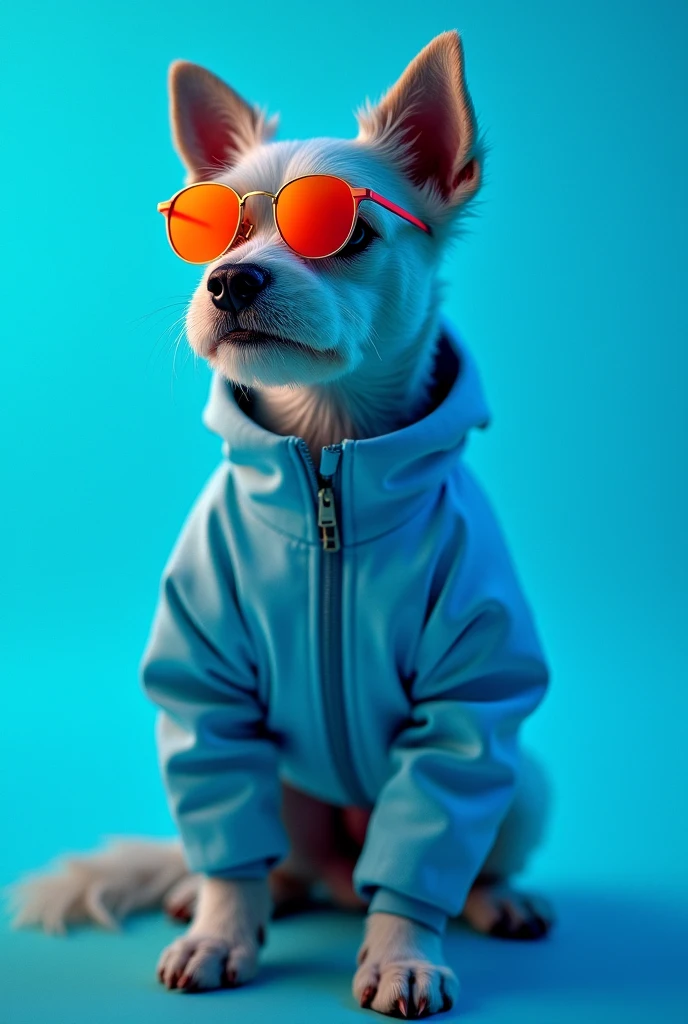 The best mobile wallpaper，Award-winning wallpaper，Photo photography，Front view is a  dog，Wear mid-1960s space age fashion，Side view photo，shot with Canon EOS R5，Set strong contrasts to highlight the theme，fluorescent blue tone，Wear a very modern jacket and sunglasses，Modern style from the 1960s，Clothes all in one color，Beautiful background