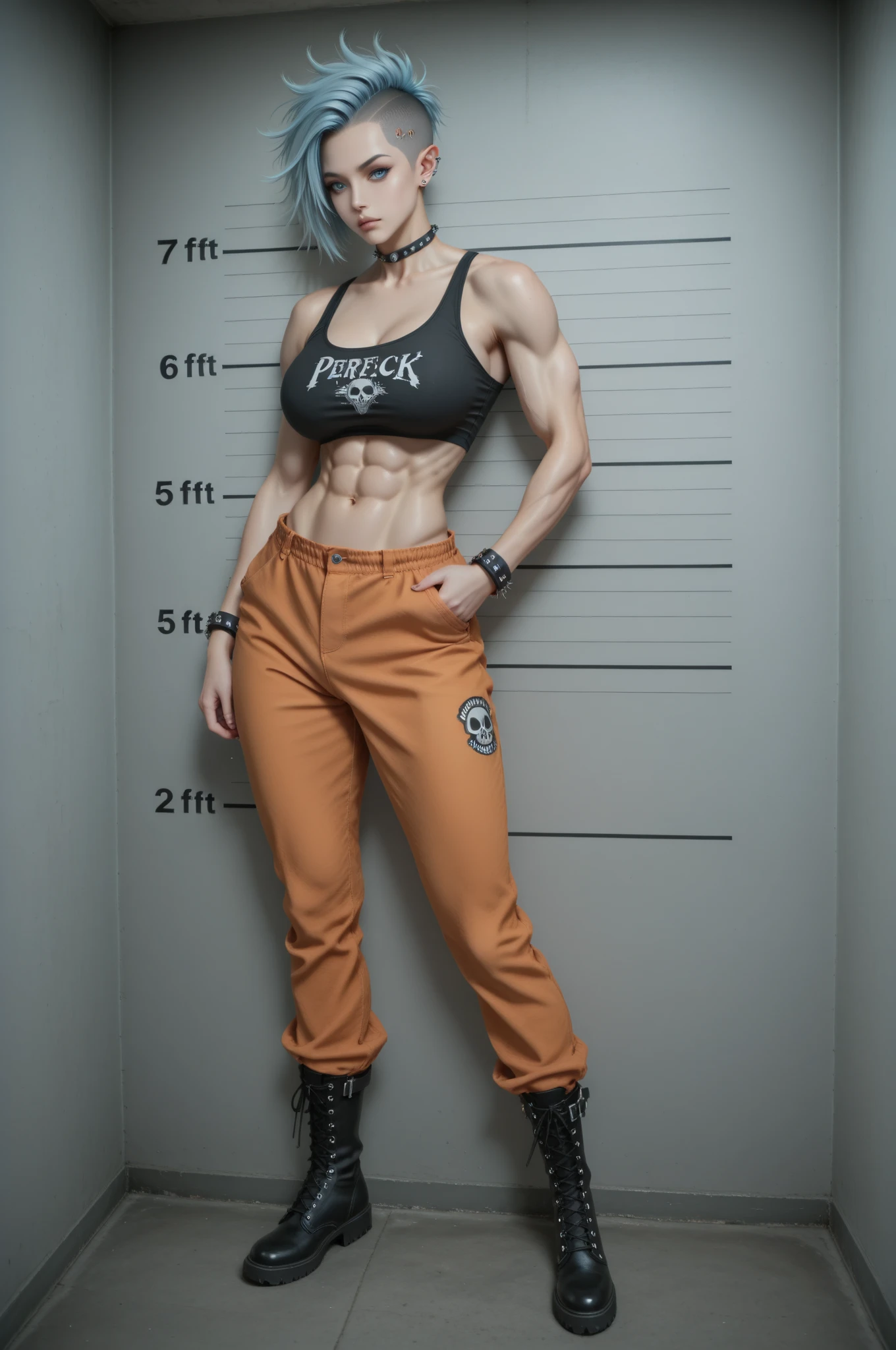  Masculine muscular  hunk man with very short hair, tattoos, wearing a , tight jeans, heels, earrings and makeup 