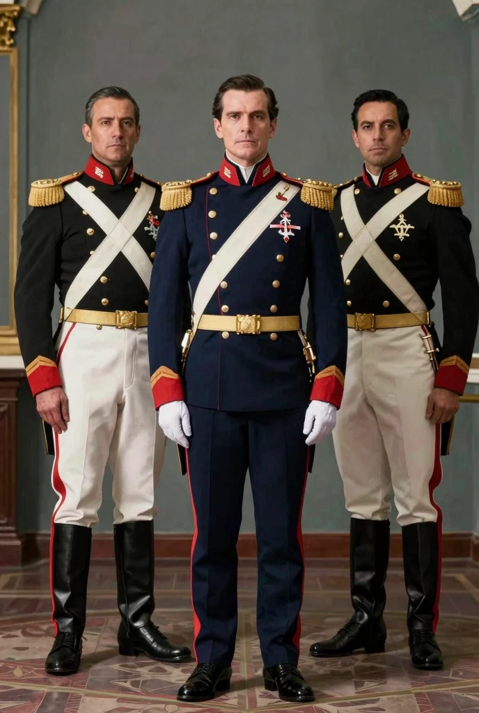 A line of British officers in colonial uniforms, emphasizing the uniformity and rigid structure of the colonial administration.
