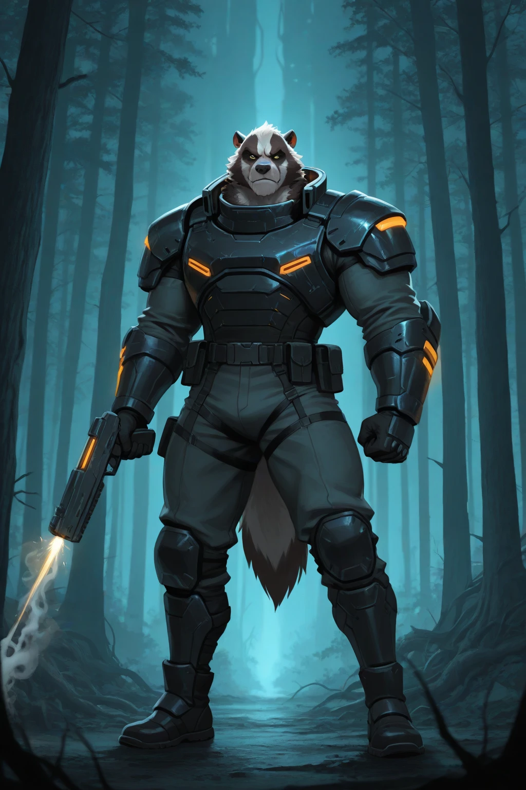 alien, werewolf, male, solo, wolf's head, dynamic ambush pose, fangs, open jaw, angry expression, white with red accents cyperpunk spacesuit with matching gloves and boots, pouncing, sharp claws, night time, forest backdrop, red moon, sci fi, horror lighting
