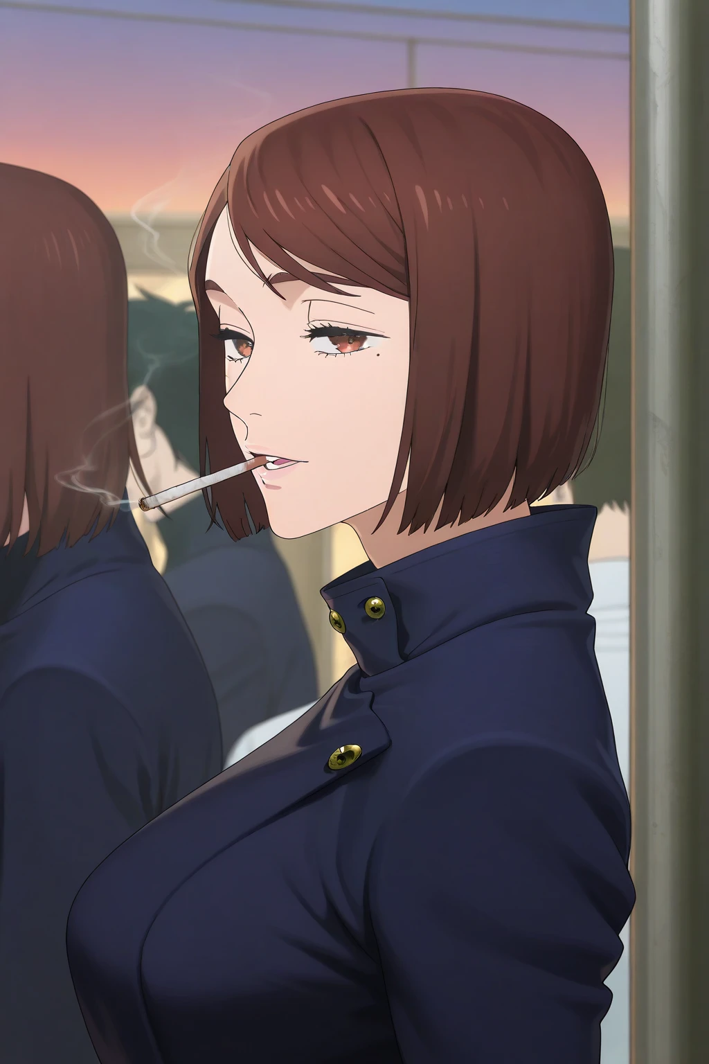 Highest quality,masterpiece,masterpiece portrait,((full body)),　Brown Hair、Blue Eyes、Pink lips、、White shirt、Black Ribbon、 atmosphere、cartoonist、(((Slightly )))、Wearing a red beret、((Posing with a fountain pen))、Anime Style、Beauty、Her background is monochrome black、(((Front view)))、Looking up