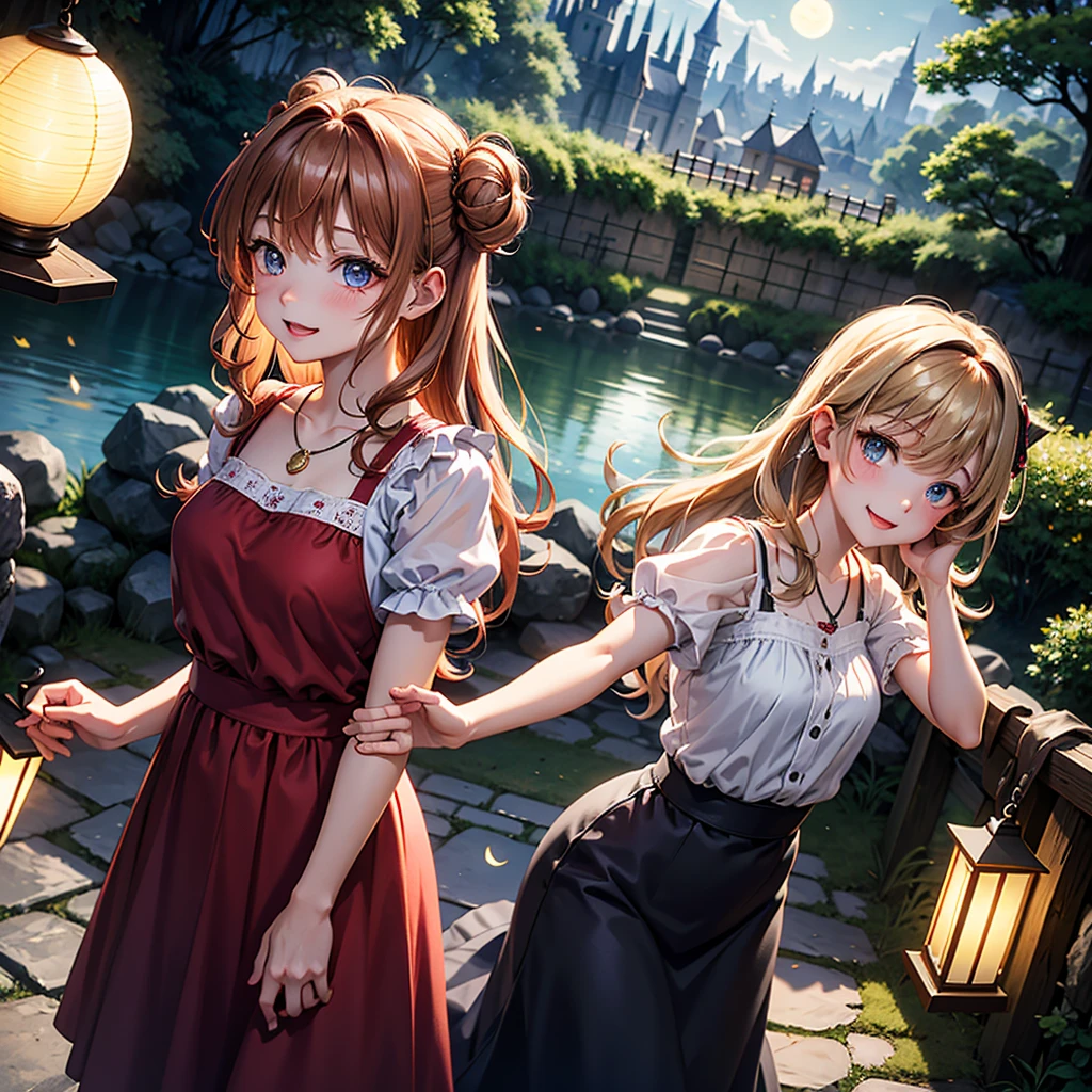 /imagine prompt: In the back of a house, a nightly June party is in full force. The environment is depicted in ultra-realistic 8k, with all the details perfect and minutely represented. The backyard is decorated with colorful flags, hanging lanterns and tables full of typical delicacies. The people present are portrayed to perfection, each with their individual characteristics, wearing traditional June costumes such as cheetah dresses, plaid shirts and straw hats. They are dancing around the campfire, their expressions cheerful and infecting the environment. The lighting is soft, coming from lanterns and lamps, creating a warm and festive atmosphere. The image is a photograph in high resolution, captured with a professional camera, which allows you to appreciate all the details and nuances of the people, the costumes and the June party itself. --ar 16:9 --v 5