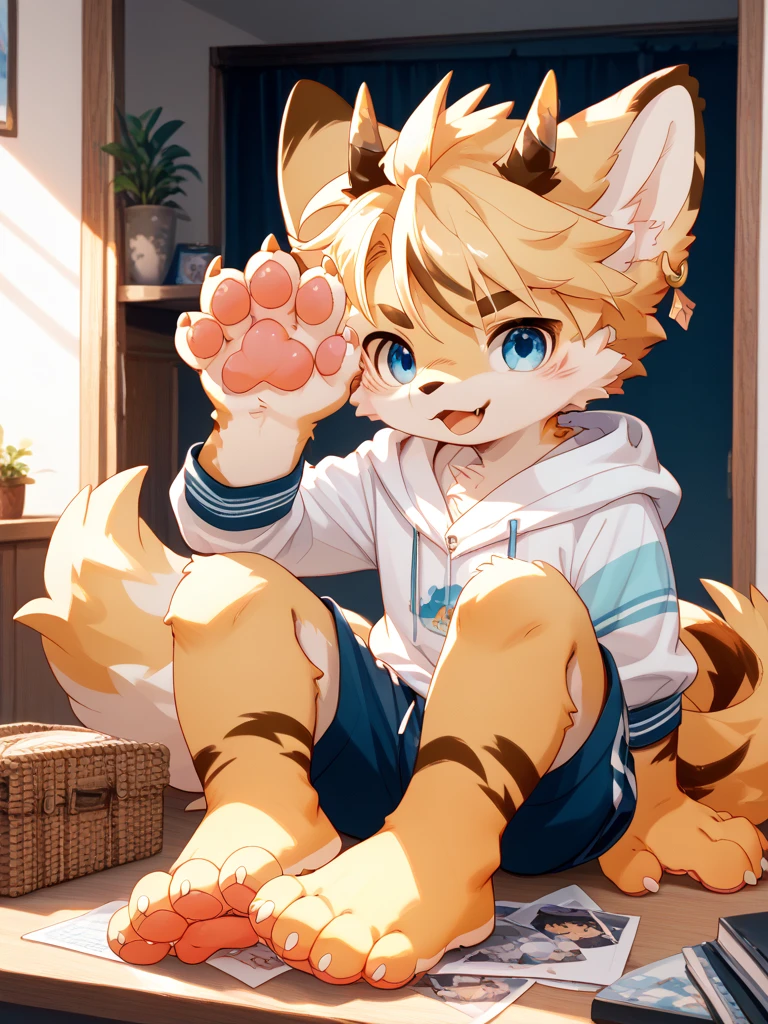 blue pupils, light hairy body, light furry tail, boy cat，beautiful wallpaper，Very cute，light hair，P station popular styles，A character with light and cute plush legs，formal style，blush blush，Tight sportswear and loose shorts，Mocking laughter，There is a lot of sweat on the body，The background is a love hotel，barefoot，foot，meat pad，Foot control，meat pad，foot部特写，3D feeling is very strong