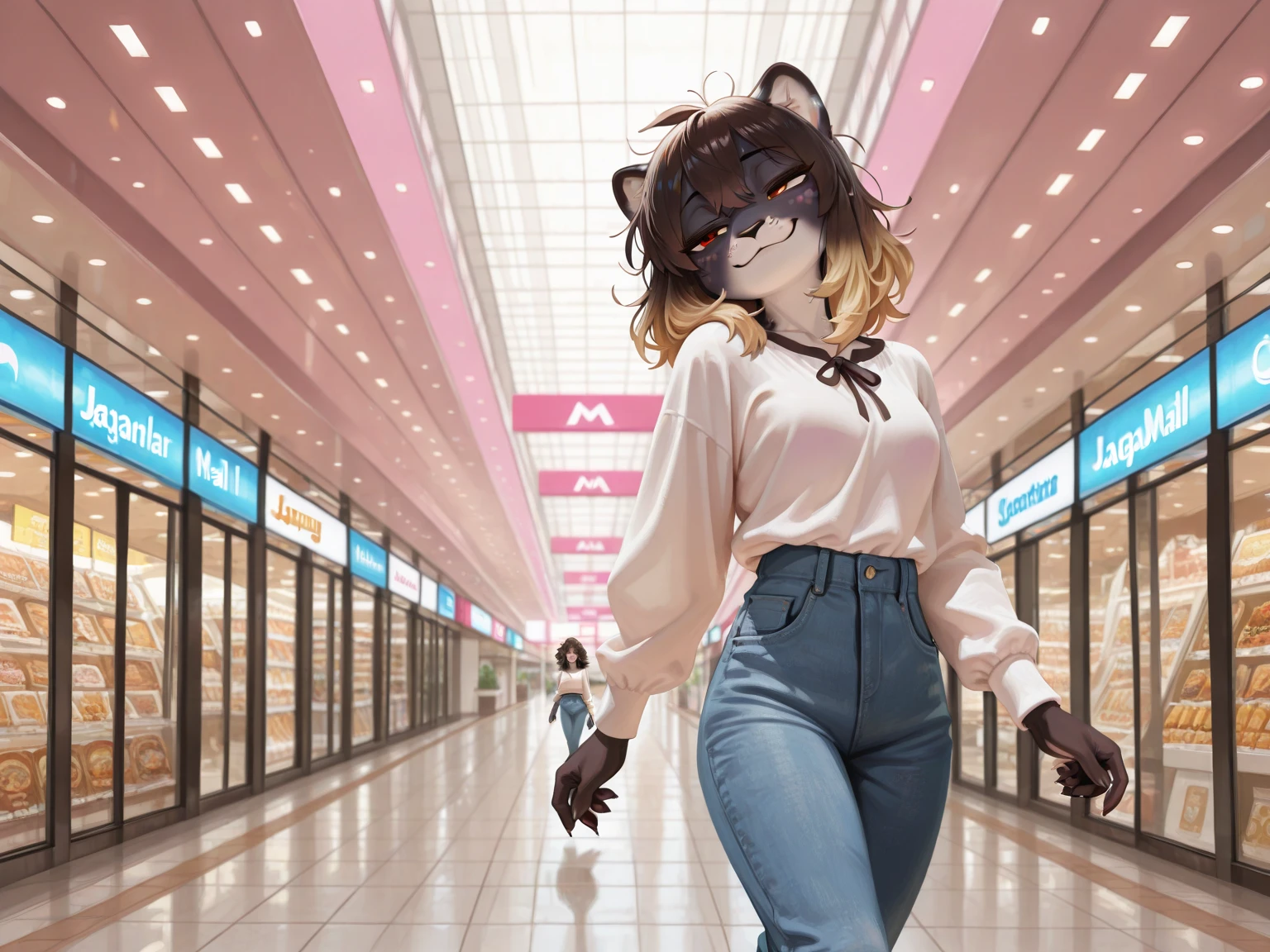 , score_9, score_8_up, score_7_up (anthro furry feline, Kat, silver furry body, blonde hair, hair in ponytail blue eyes, long blonde hair, standing, basic standing pose, white background, wearing blue bandeau, brown short shorts), walking, outdoors at a strip mall, she is walking with an (Anthro black and red dragon male wearing a sports jersey and khaki shorts)