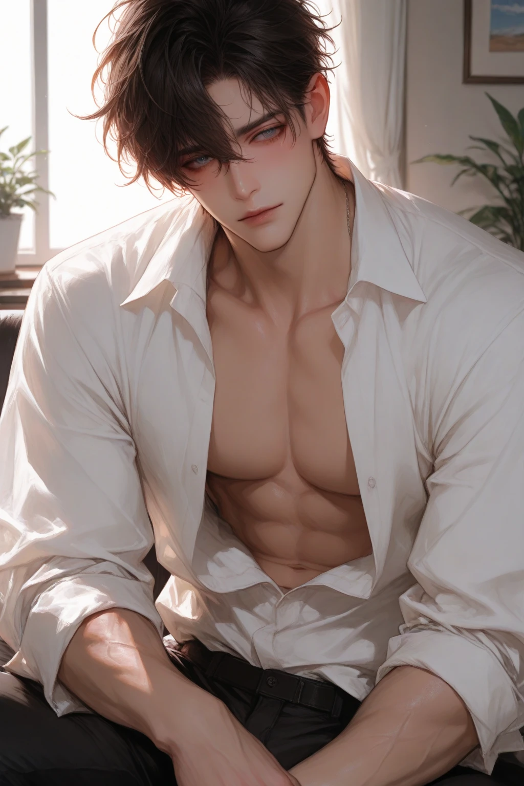 (absurderes, A high resolution, Ultra detailed, hdr), Masterpiece, Best quality, Portrait of a boy, Handsome boy with red eyes, Detailed face, Professional photo, The Alafed man is , Leaning comfortably，legs are open, (puffynipple(From below:1.1)), Focus on your audience,18 year old boy, Handsome boy, [ Firmly defined body ]，Burgundy shirt open，Abs，chest muscle，short white pants，large bulge，white shoe，wardrobe，