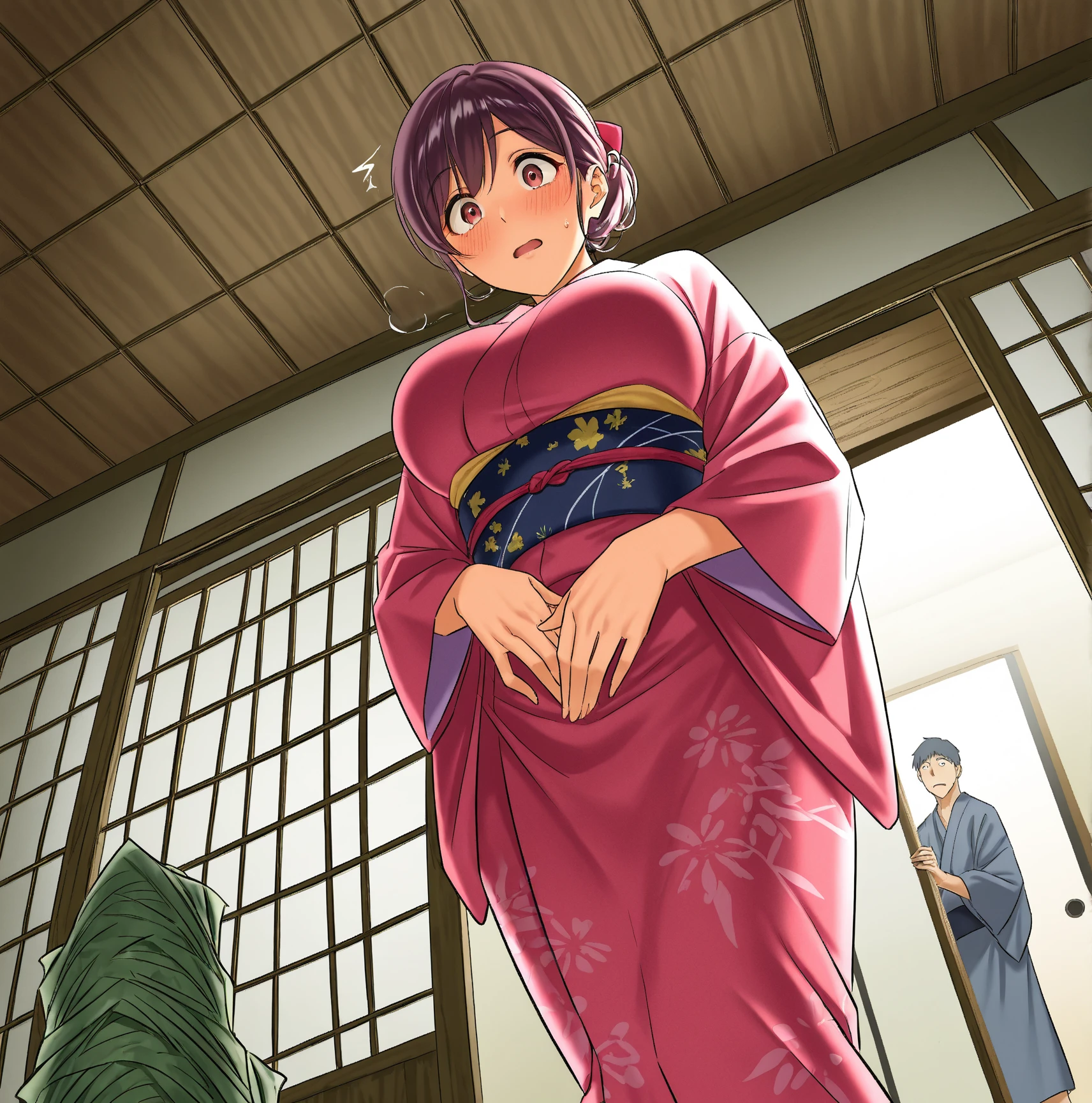 One Girl, alone, Watching,
araragitsukihi, hair ornaments,short hair, Ahoge, Unpack the box,A large kimono,Blue kimono, egg hair ornaments, Parted bangs,Very good, fully , in full view,Sweat,Anger that opens slits,blush, Open your mouth,Ruins at night,
