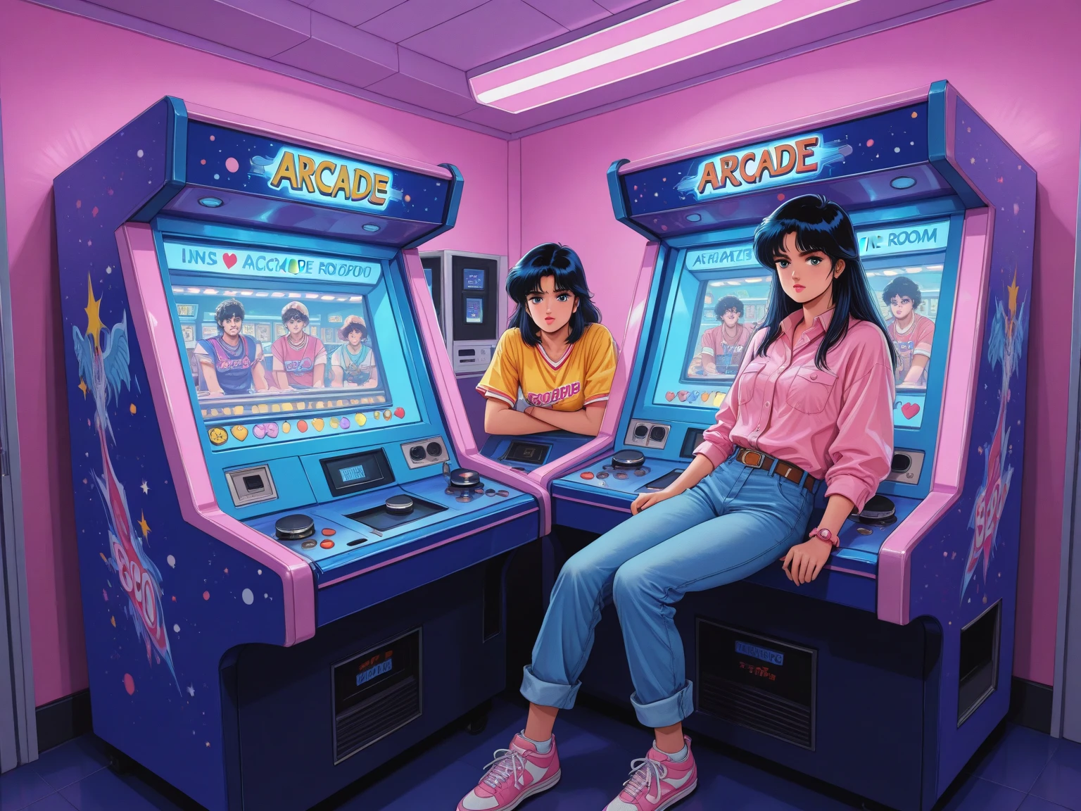 (masterpiece), Highest quality, Expressive eyes, Neon pastel aesthetics, Retro 90s, Neon color,((Girl sitting on sofa,In a cozy room,Records hanging on her wall, Comic books on the floor, Looking out the window behind her at the night city, Upholstered room, Anime figures lined up on a shelf)), Wearing headphones, (All around her it sparkles), (wearing thick colorful sneakers), (blue eyes), (Soft look), (Synthwave Art Style), Colorful Hair, Desk with PC set up