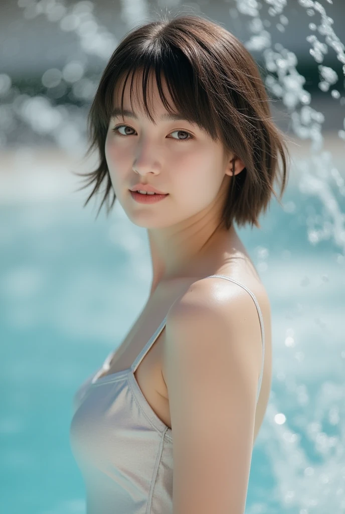 close up portrait of a cute woman (gldot) bathing in a river, wave bob hair, use bikini, reeds, (backlighting), realistic, masterpiece, highest quality, lens flare, shade, bloom, [[chromatic aberration]]